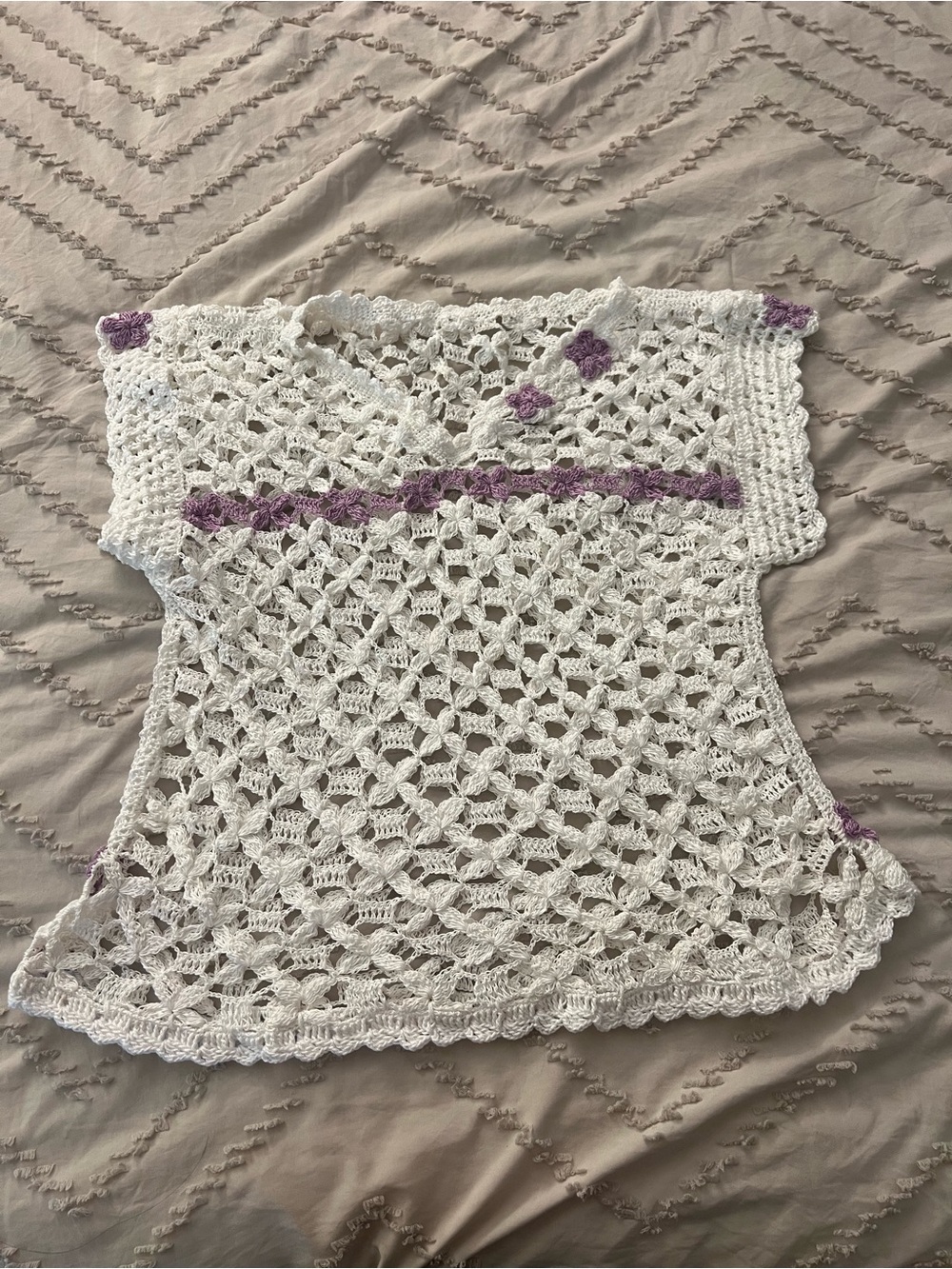 White Crochet Short-Sleeve Women's Top with Purple Accent